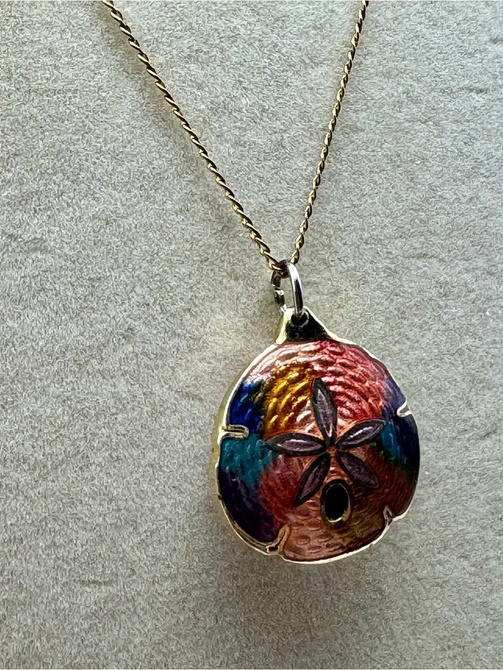 Vintage Cloisanne’ Multicolor Enamel Sand Dollar Pendant Necklace - Gold Tone